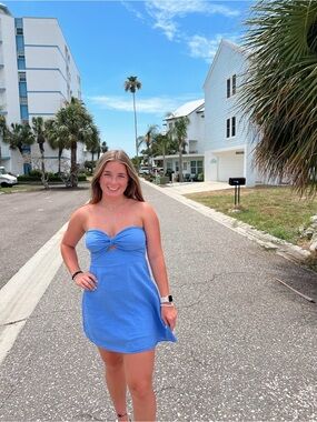 Strapless Blue Tie-Front Mini Dress